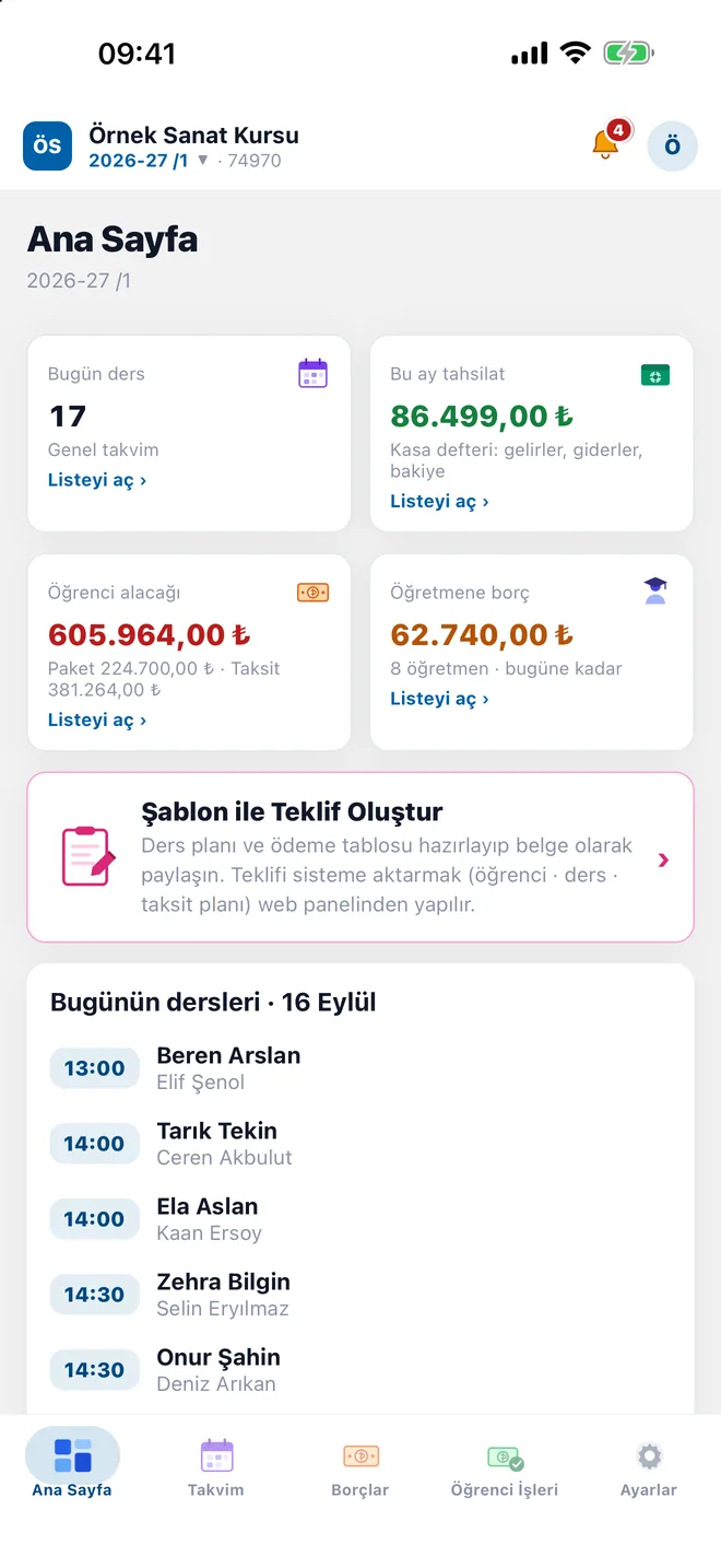 Mobil uygulama ana sayfası: bugünkü dersler, tahsilat ve alacaklar