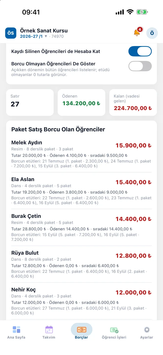 Mobil uygulamada paket satış borcu olan öğrenciler
