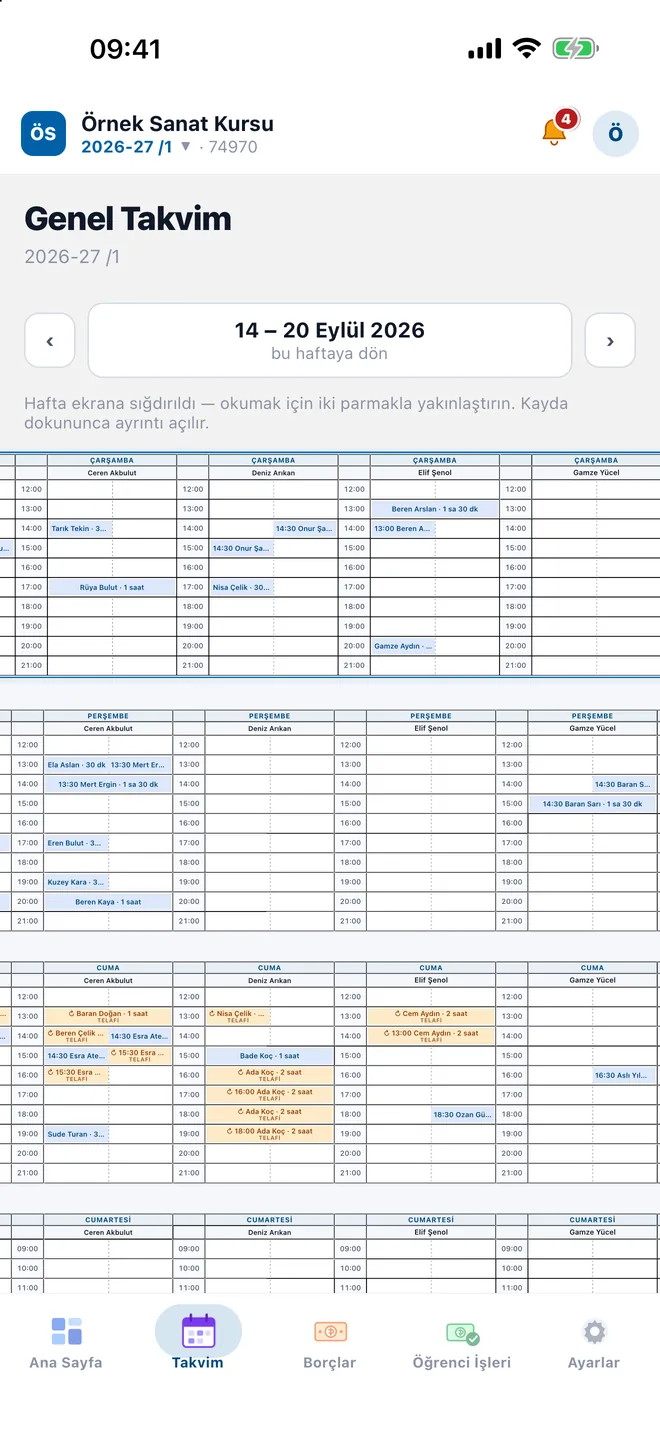 Mobil uygulamada haftalık genel takvim